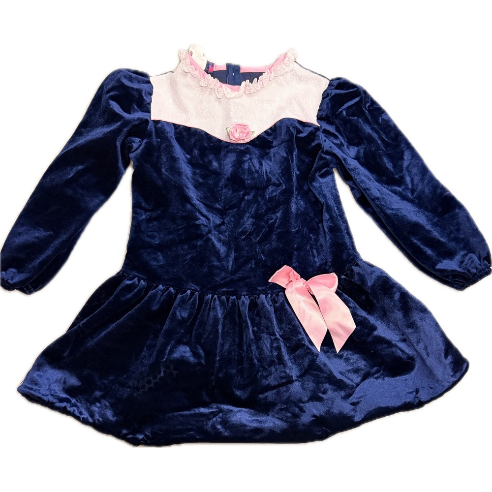 Vintage Roanna Girls Navy Blue Velvet Dress Pink Lace Bow Rosebud Size 7